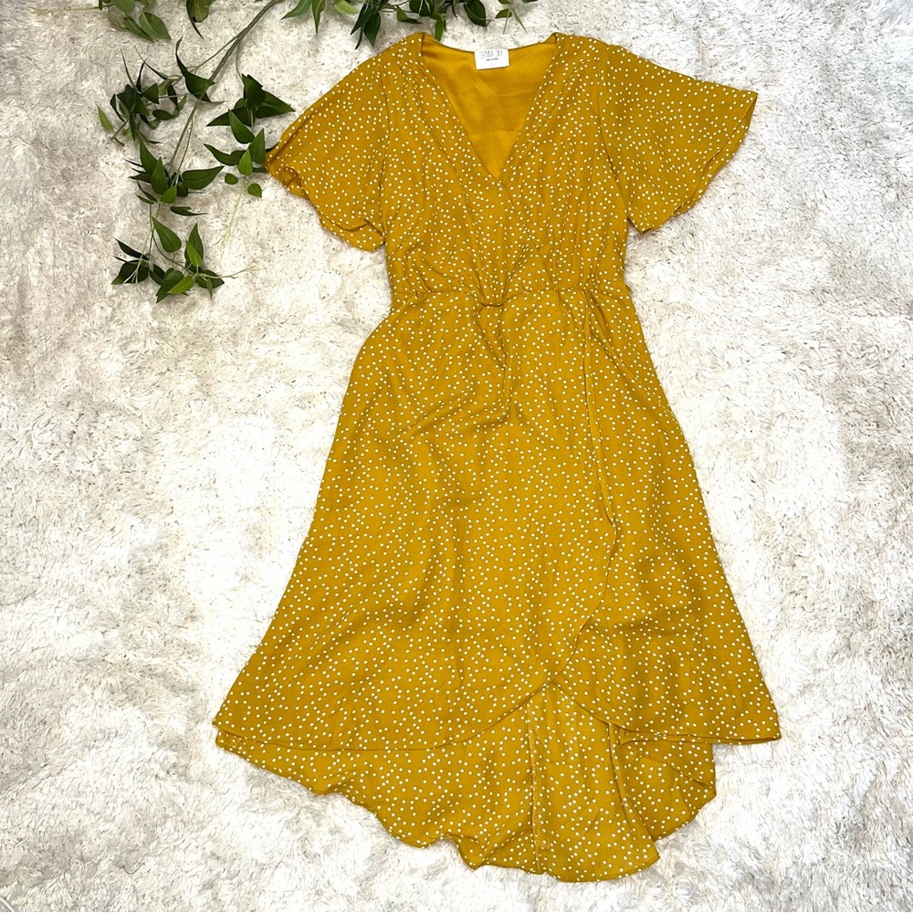 Sienna Sky Mustard Yellow Polka Dot Wrap Style High-Low Dress- Small